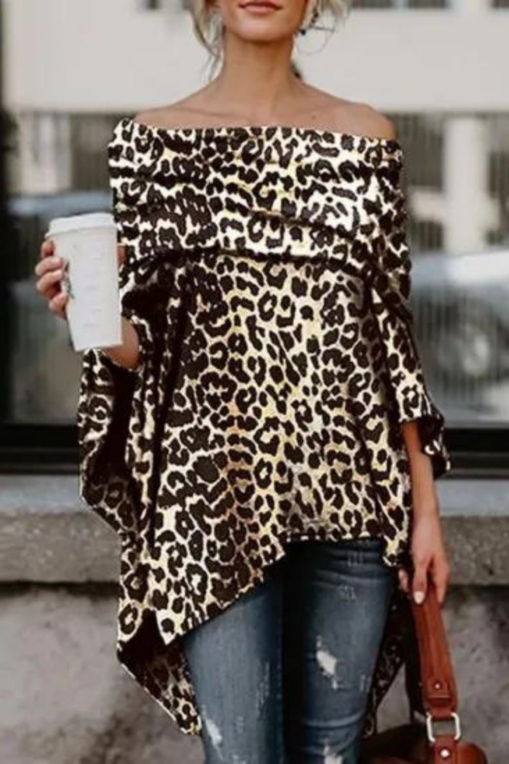 Off Shoulder Leopard Printed Asymmetric T-Shirts