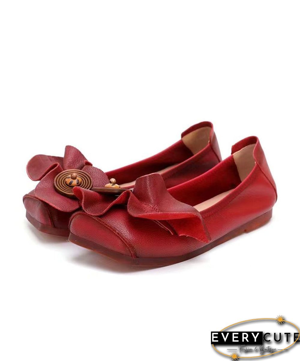 Red Flat Shoes For Women Cowhide Leather Boho Splicing Floral