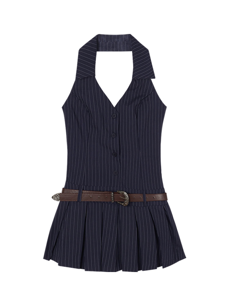 Olivia Striped Navy Blue Slim Sleeveless V-neck Halter Neck Waist Belt Pleated A-line Mini Dress