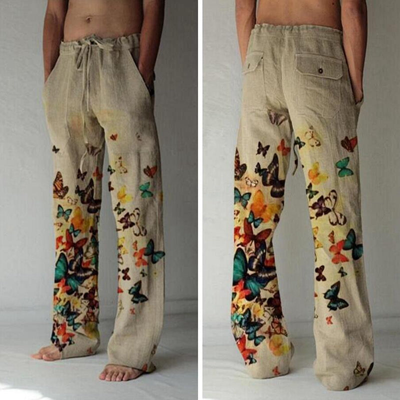 Men's Cotton Linen Casual Butterfly Print Pocket Loose Sweatpants