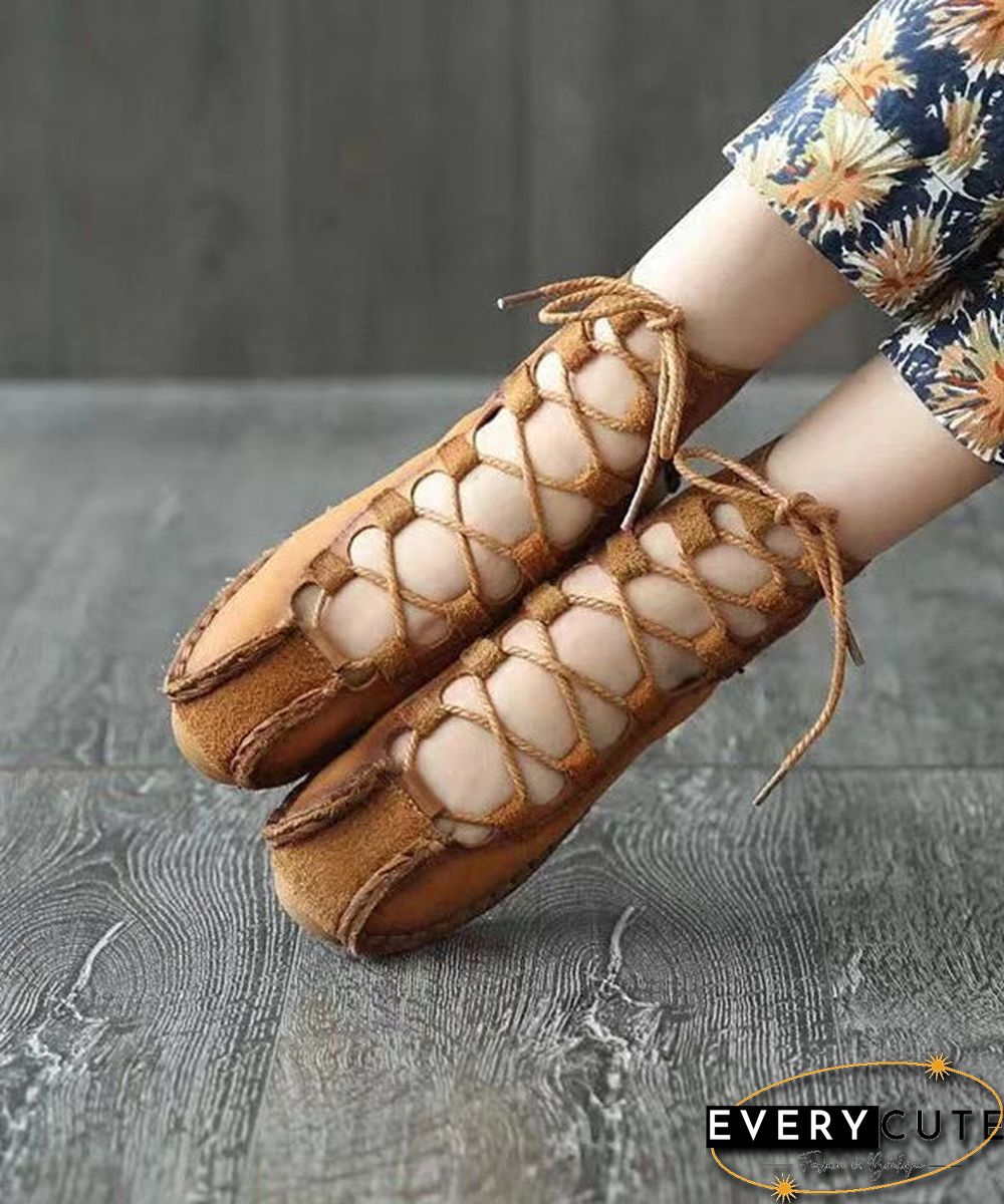 Casual Lace Up Splicing Flat Shoes Khaki Cowhide Leather