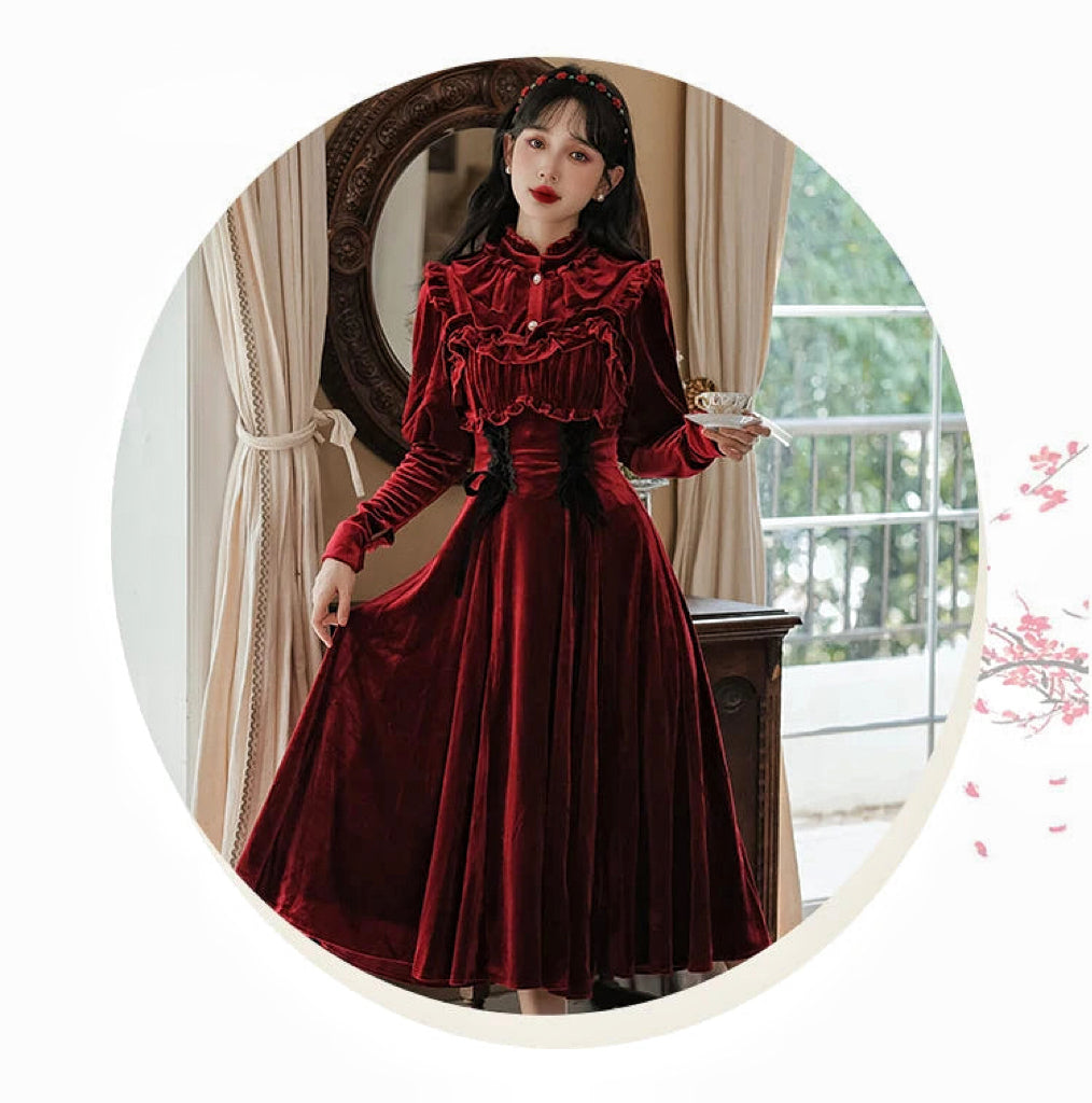 Ruby Victorian-Vintage-Academia Burgundy-Red Velvet Dress