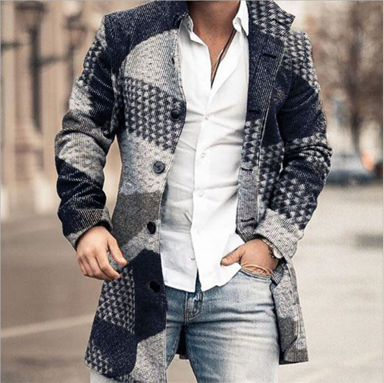 Men's Fashion Stand Collar Slip Pocket Casual Wool Mid-Length Coat