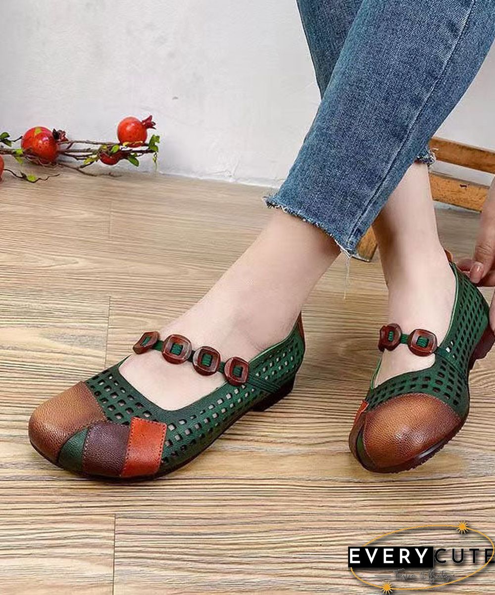 Fashion Splicing Flat Shoes Brown Hollow Out Cowhide Leather