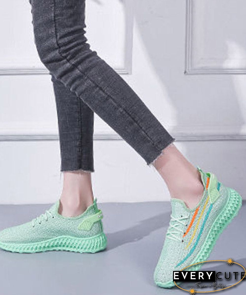 Summer Green Knit Fabric Cross Strap Embossed Hollow Out Flat Feet Shoes