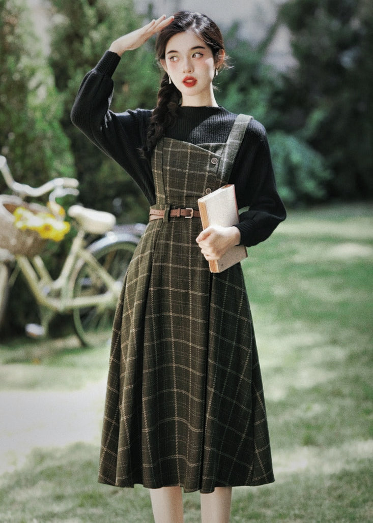 Forest Witch 2-Piece Dark Academia Wool Plaid Dress Set