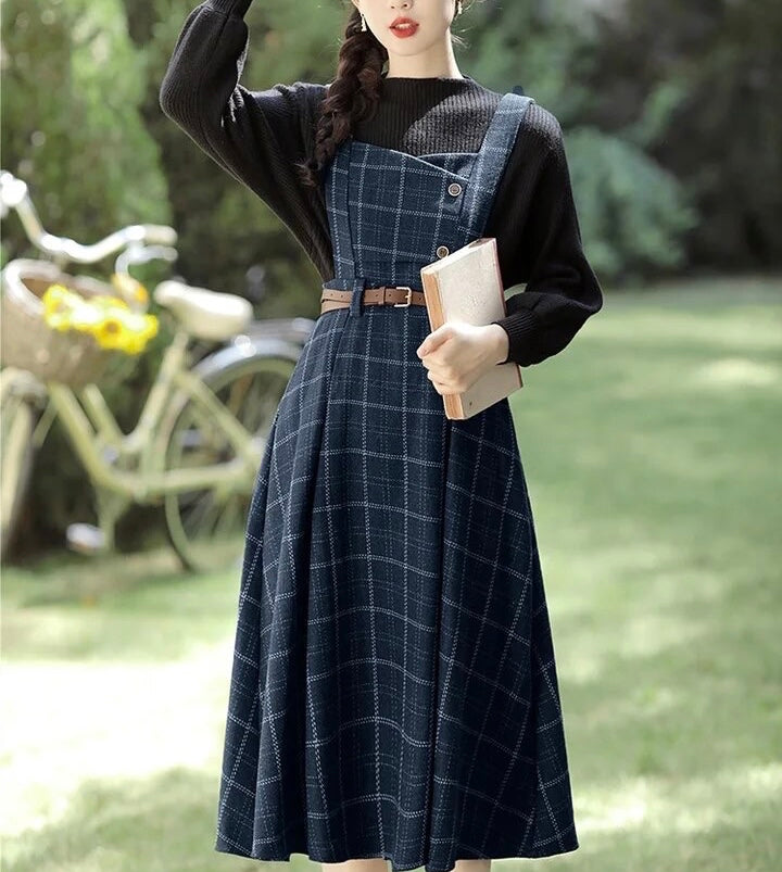 Forest Witch 2-Piece Dark Academia Wool Plaid Dress Set