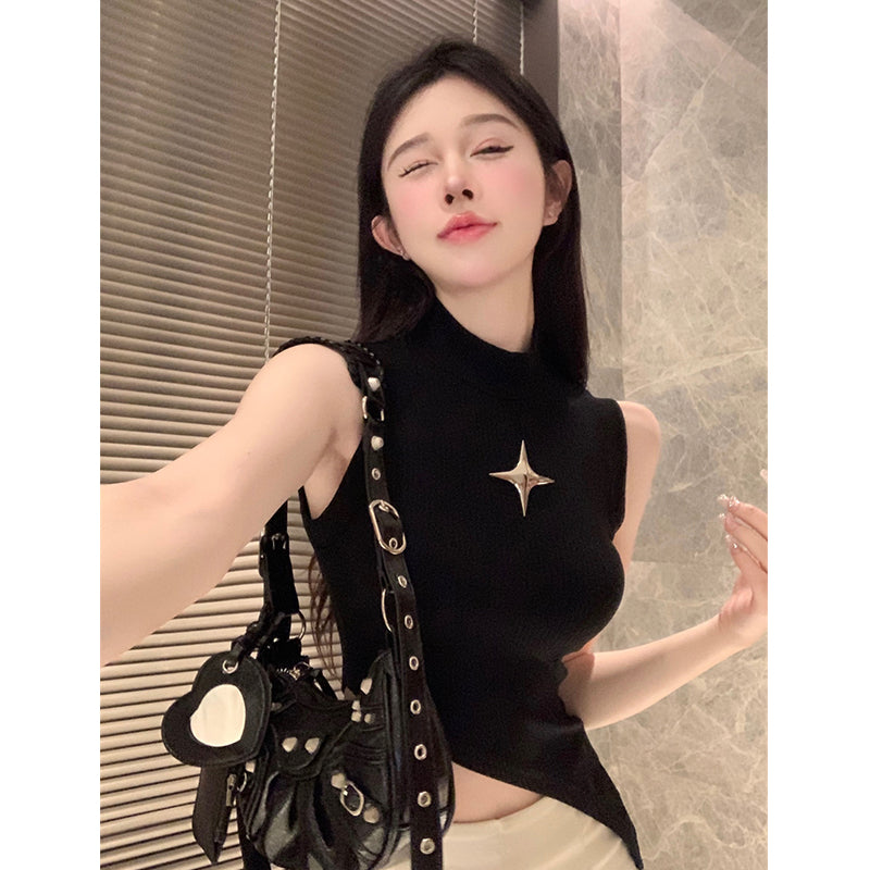 Soniu Solid Color Ribbed Turtleneck Sleeveless Asymmetrical Slim Cropped Top