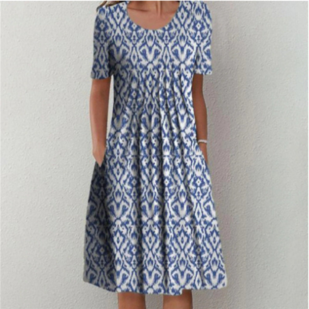 Fashion Round Neck Elegant Floral Pocket Street Casual Midi Dress