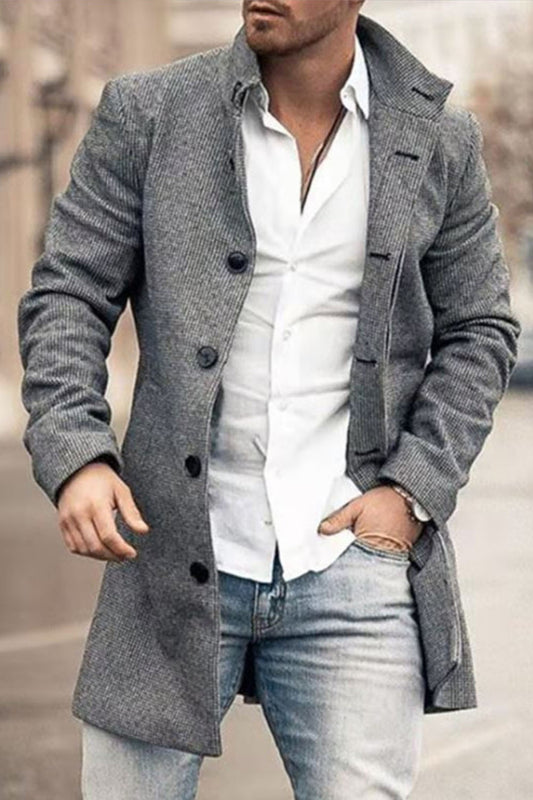 Men's Fashion Stand Collar Slip Pocket Casual Wool Mid-Length Coat