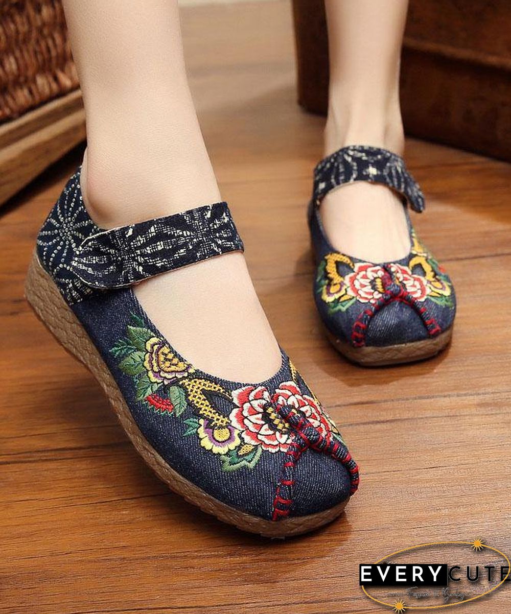 Red Cotton Embroideried Fabric Flat Shoes For Women Splicing Flats