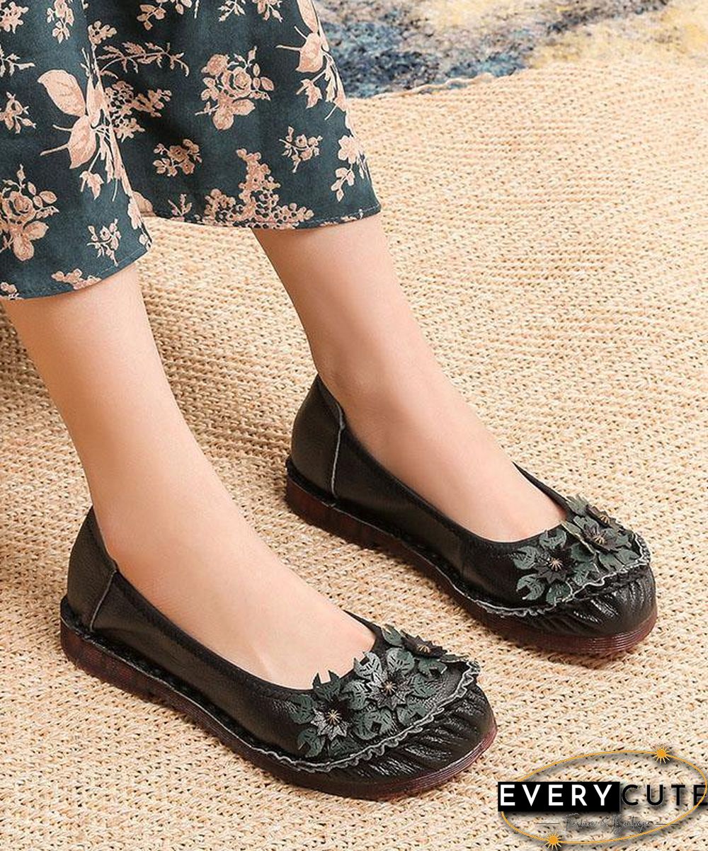 Black Floral Cowhide Leather Flats Splicing Flat Feet Shoes