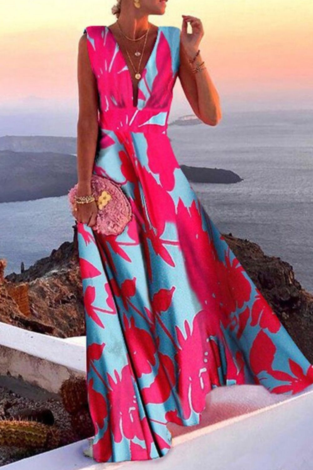 Sexy Cutout Sleeveless Beach V Neck Halter Vacation Dresses