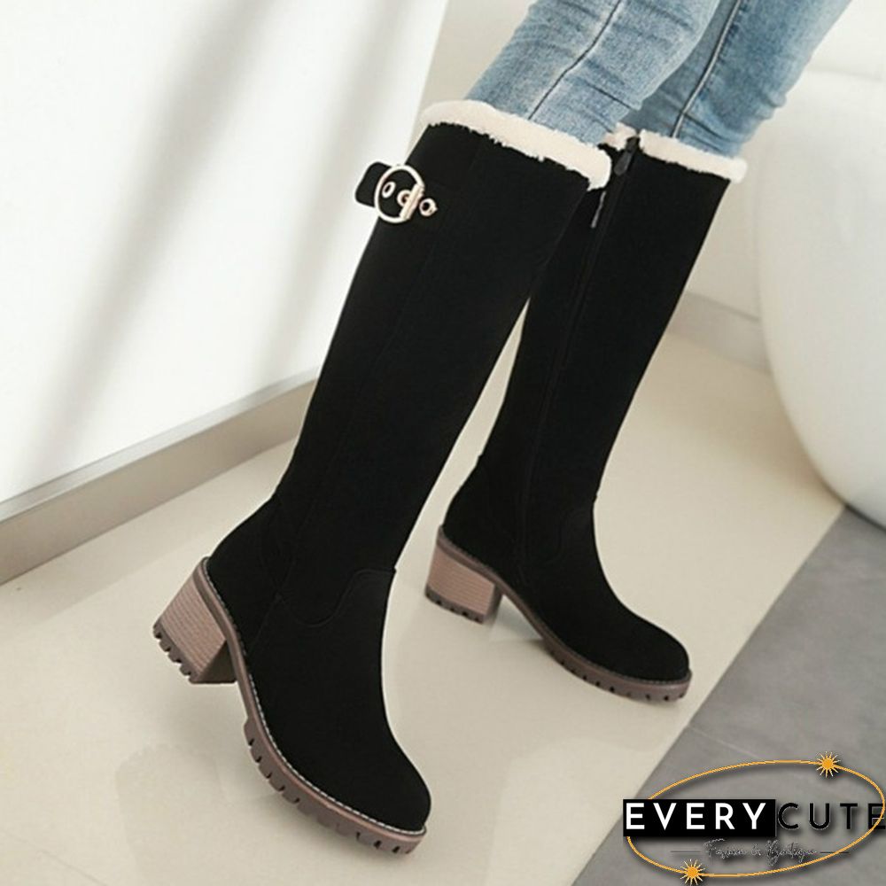 Fashion Women Knee High Snow Boots Warm Fur Nubuck Leather Tall Buckled Boots Winter Waterproof Chunky Heel Long Boots with Zipper