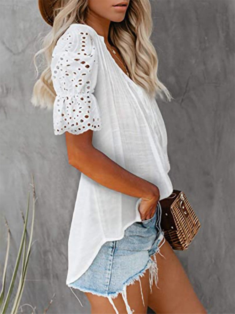 Women's Top V-Neck Lace Casual Fashion T-Shirt