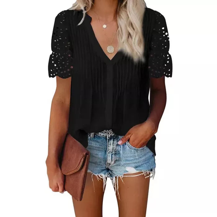 Women's Top V-Neck Lace Casual Fashion T-Shirt