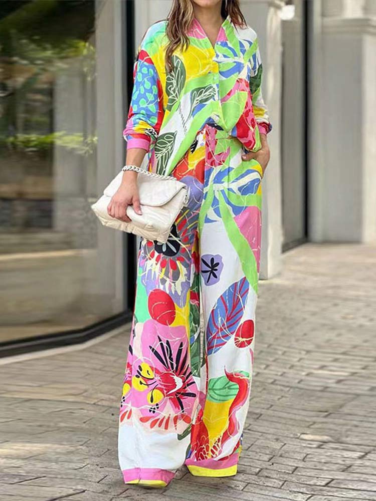 Loose Print Elegant Lapel Single Breasted Top Fashion Wide Leg Pants Two Pieces