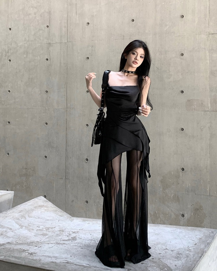 Vienna Solid Color Black Spaghetti Strap Pleated Square Neck Asymmetrical Top + High Waist Patchwork Long Sheer Skirt Pants Matching Set