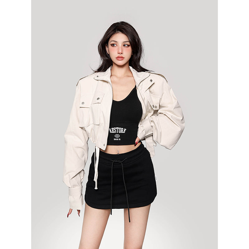 Seanna Solid Color Zip Up Multi-Pocket Long Sleeve Cropped Jacket