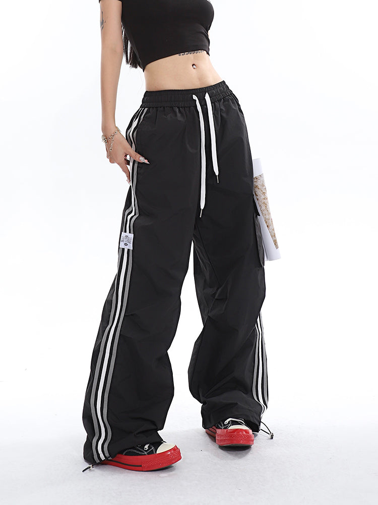 Polly Solid Color White & Red Side Striped Retro High Waist Straight Leg Baggy Cargo Pants