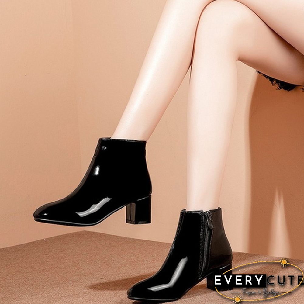 Women Patent Leather Booties Chunky Short Boots Mid Heel Ankle Boot Black Boots Fashion