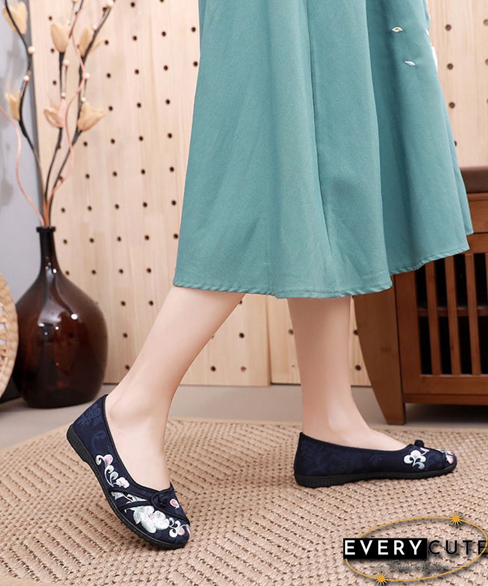 Comfy Blue Flats Embroideried Cotton Fabric Flat Shoes For Women