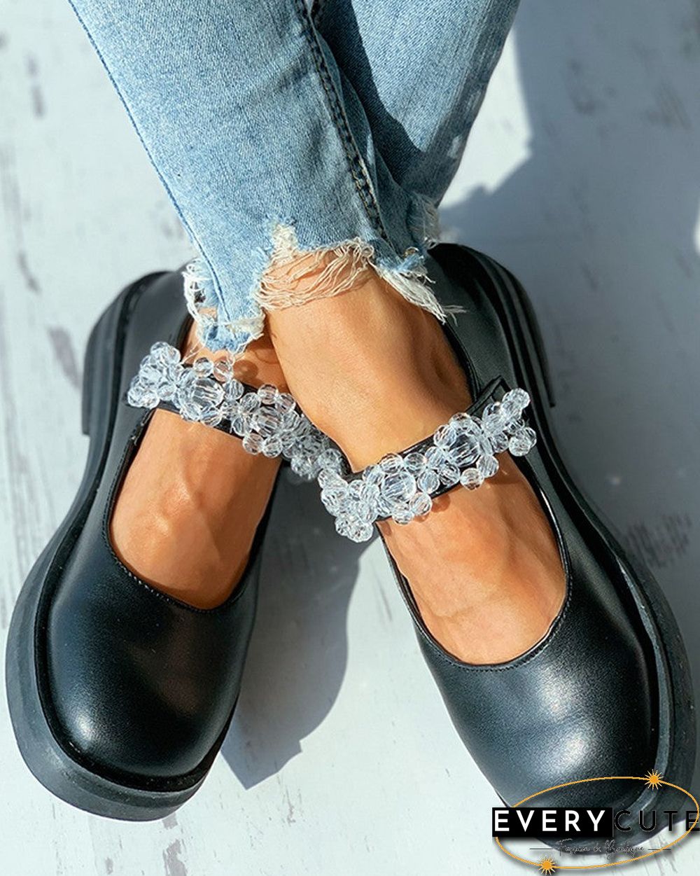 Studded Decor Strap Mary Jane Flats