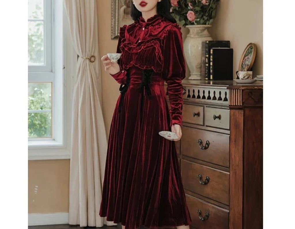 Ruby Victorian-Vintage-Academia Burgundy-Red Velvet Dress