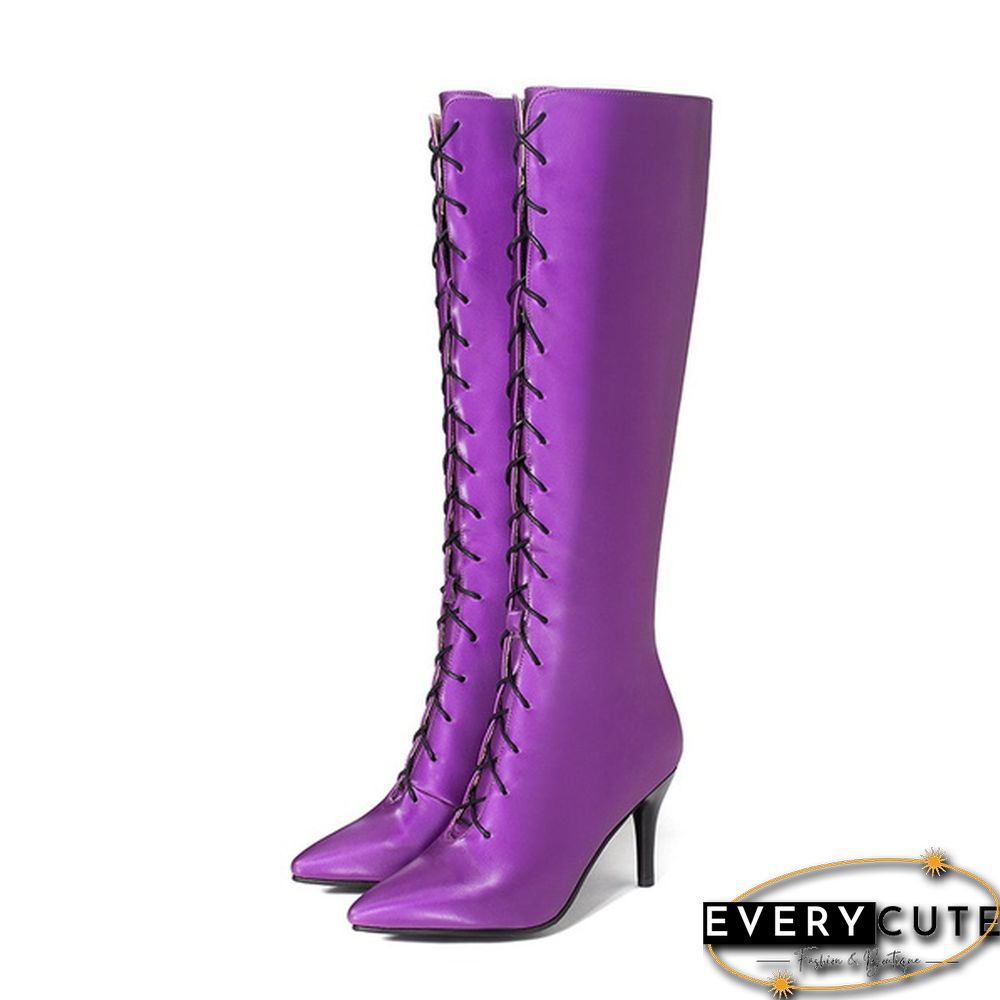 New Women's Sexy Pointed Toe Front Lace-Up High Heel Stiletto Stretch Over The Knee High Boot