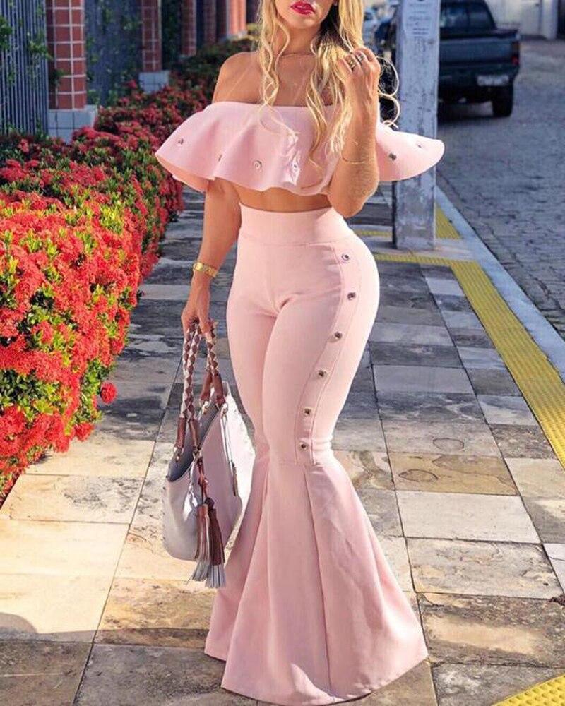 Women two piece outfits off shoulder Ruffle crop tops and flare pants 2 piece set Summer tracksuit Club festival women set