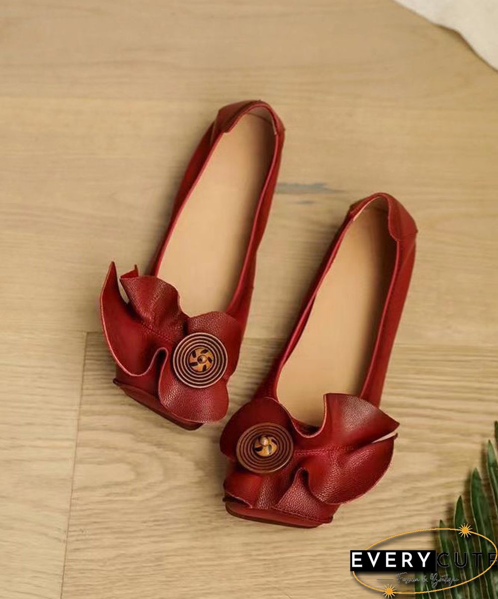 Red Flat Shoes For Women Cowhide Leather Boho Splicing Floral