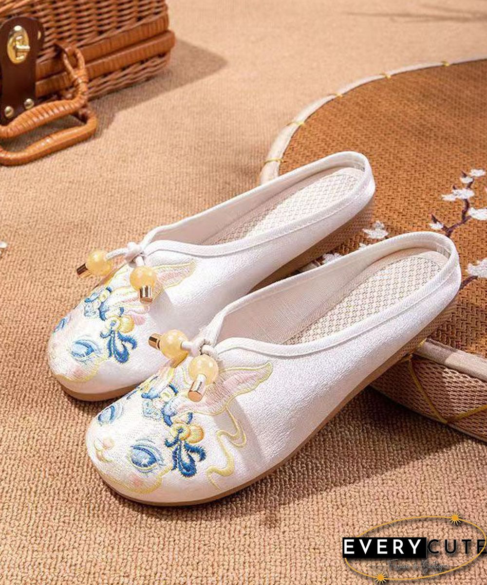 White Embroideried Splicing Flat Slippers Shoes Women