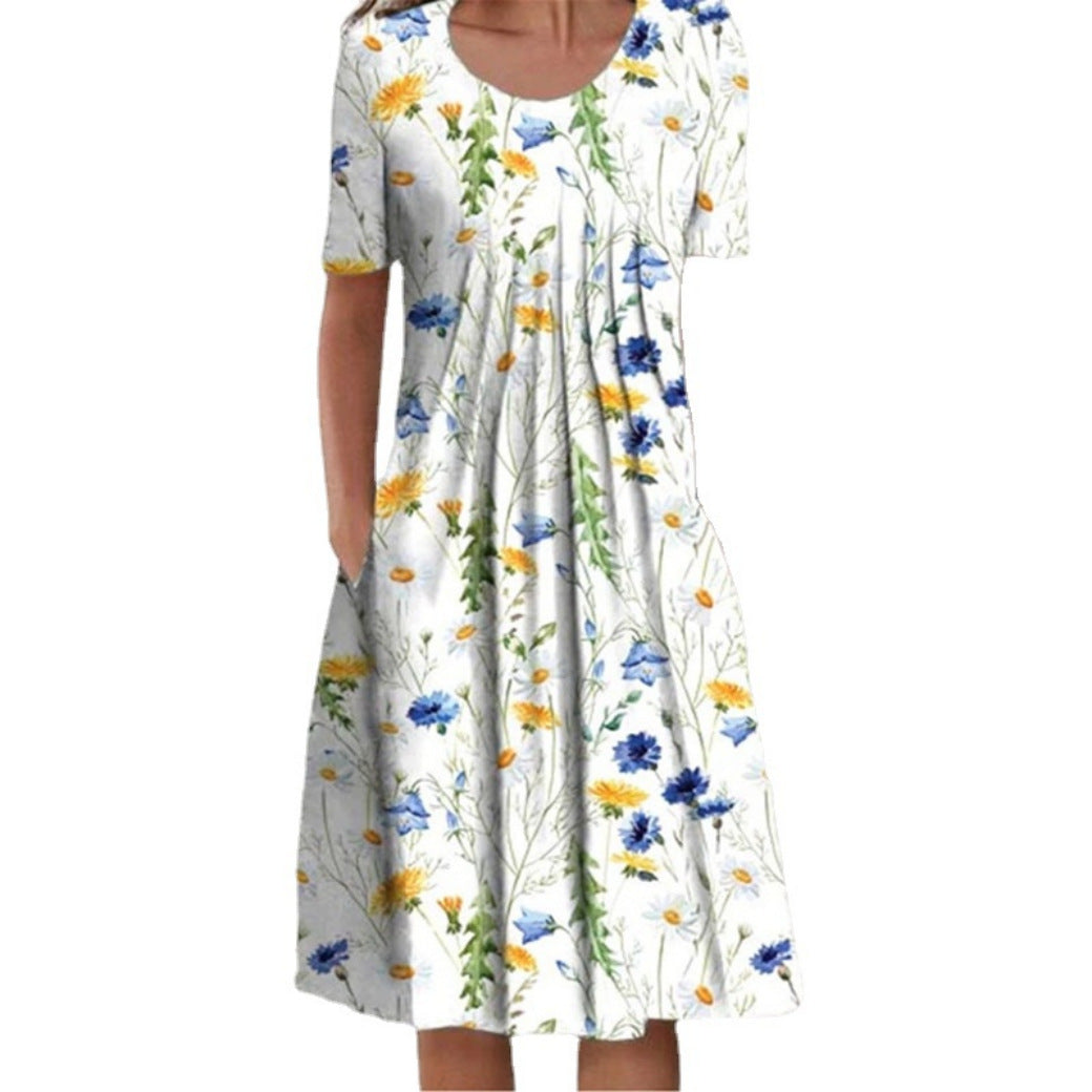 Fashion Round Neck Elegant Floral Pocket Street Casual Midi Dress