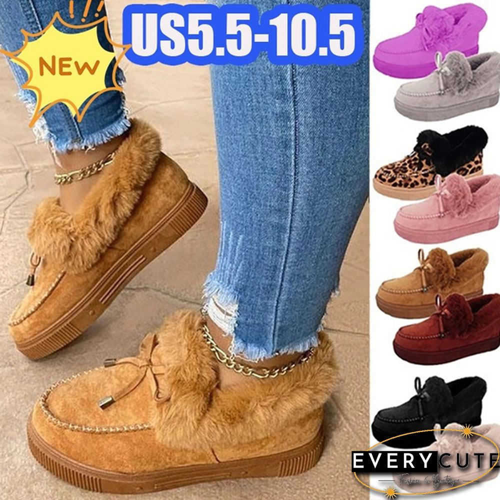 New Women Bowknot Suede Faux Fur Moccasin Shoes Warm Lightweight Slippers Non-Slip Platform Shoes Winter Cute Soft Snow Boots Casual Suede Flat Plush Shoes Comfortable Wearing Tenis Feminino