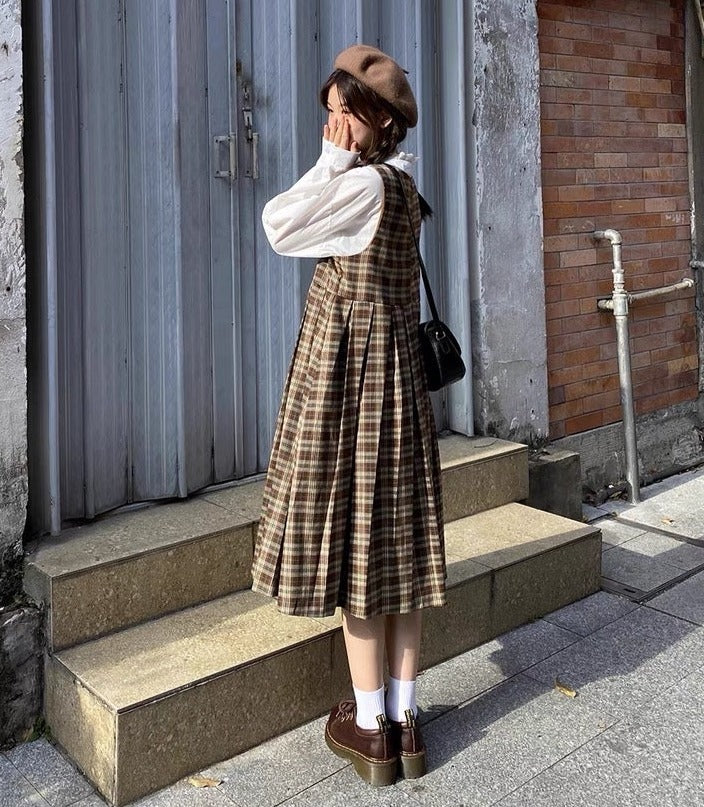 Cozy Treehouse Plaid Dark Academia Pinafore Dress