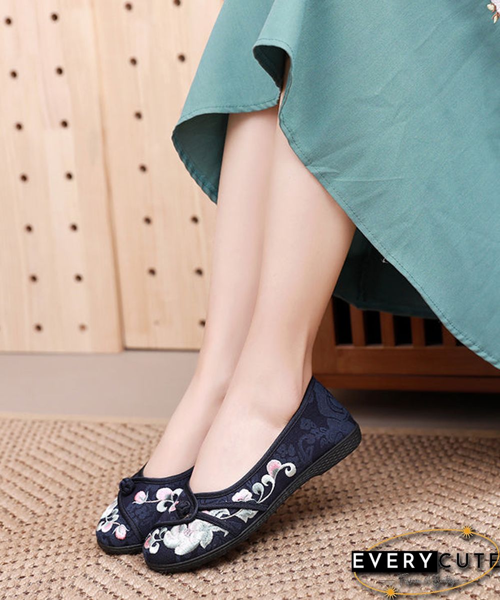 Comfy Blue Flats Embroideried Cotton Fabric Flat Shoes For Women