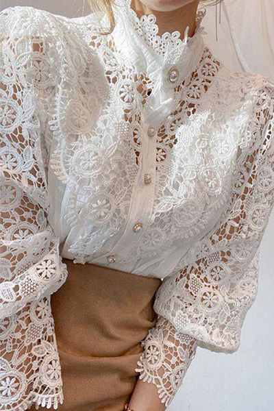 Elegant Patchwork Lace Hollowed Out Buckle Mandarin Collar Blouses(3 Colors)