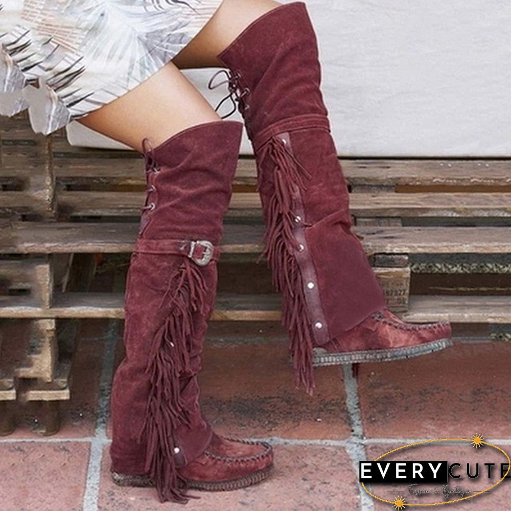 Winter Women Faux Suede Tassel Boots Fashion Ethnic Fringe Boho Long Boots Flat Heel Knee High Boots