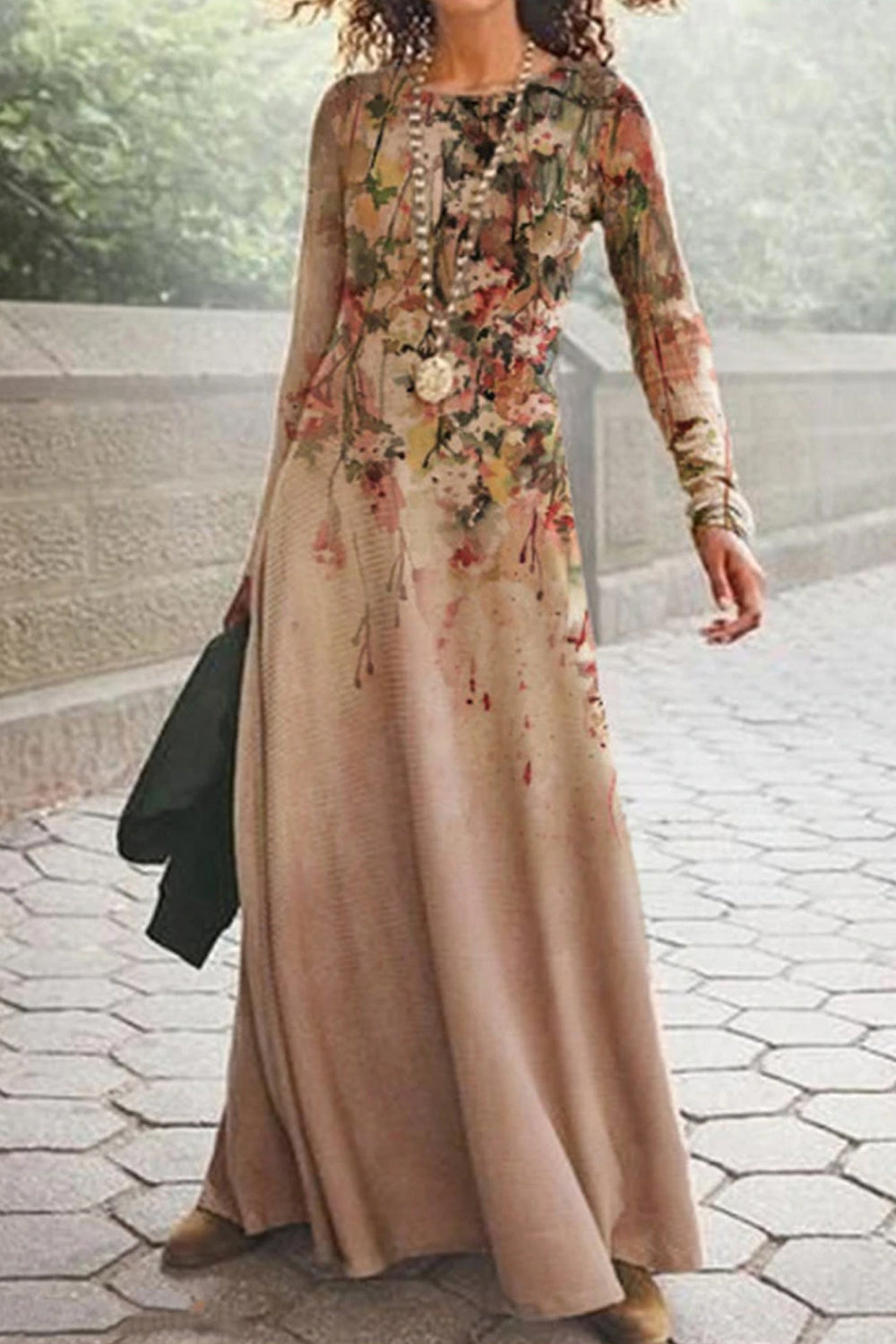 Fashion Long Sleeves Casual Round Neck Elegant Retro Print Maxi Dress