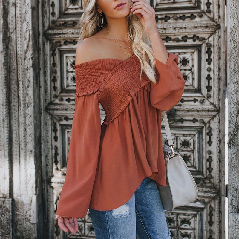 Elastic Off Shoulder Long Flare Sleeve Plain Pleated Loose T-Shirts