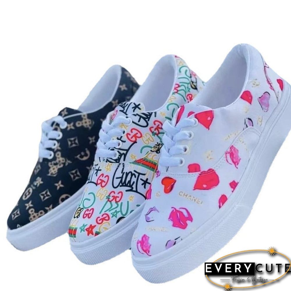 Women's Graphic Printed Round Toe Flat Heel Shoelaces Casual Shoes