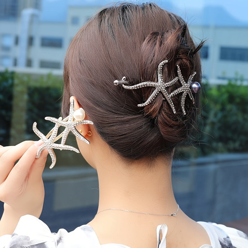 1pc Starfish Hair Clip, Rhinestones Faux Pearl Headwear, Suitable For Girls Daily Use