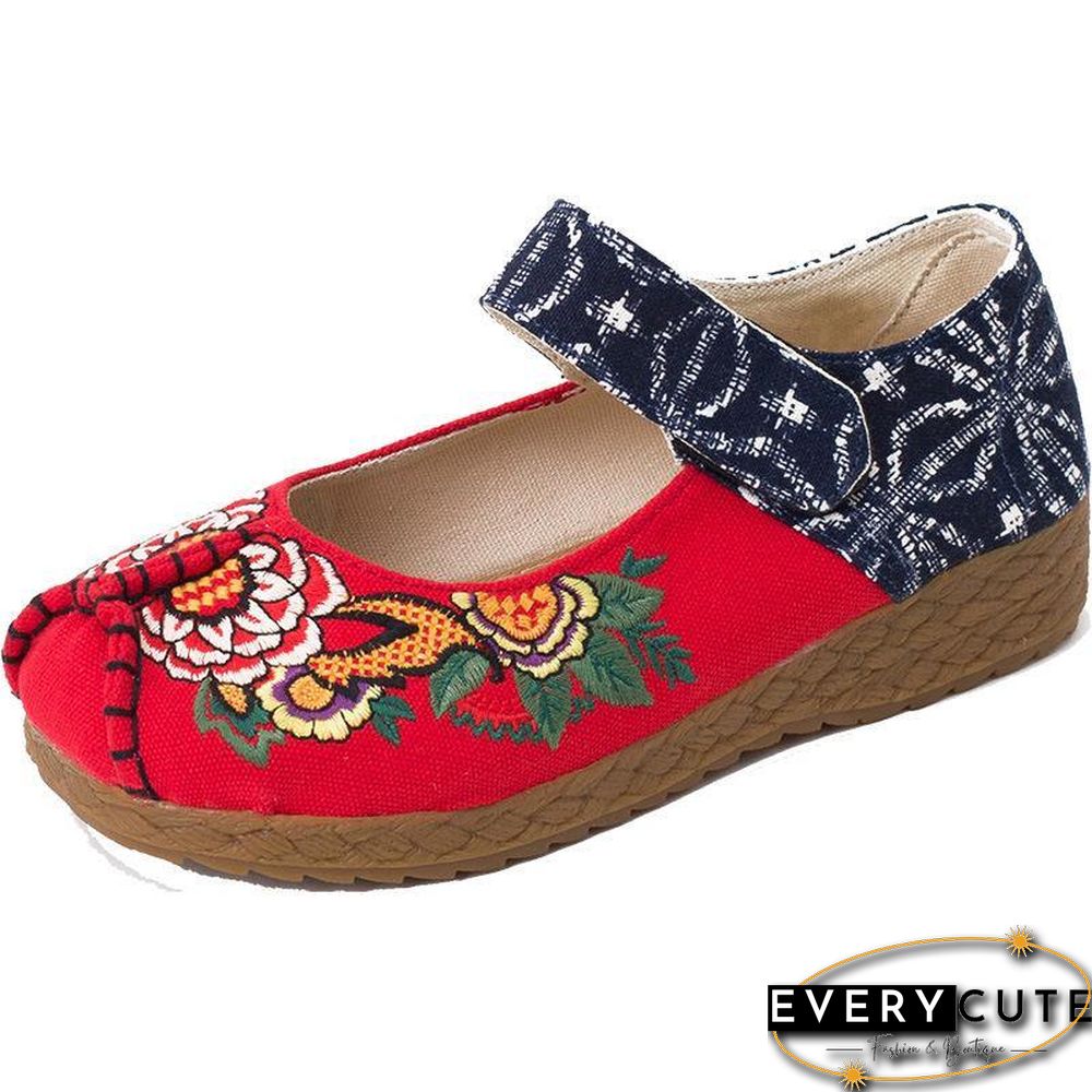 Red Cotton Embroideried Fabric Flat Shoes For Women Splicing Flats