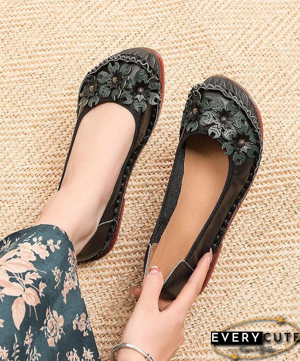 Black Floral Cowhide Leather Flats Splicing Flat Feet Shoes