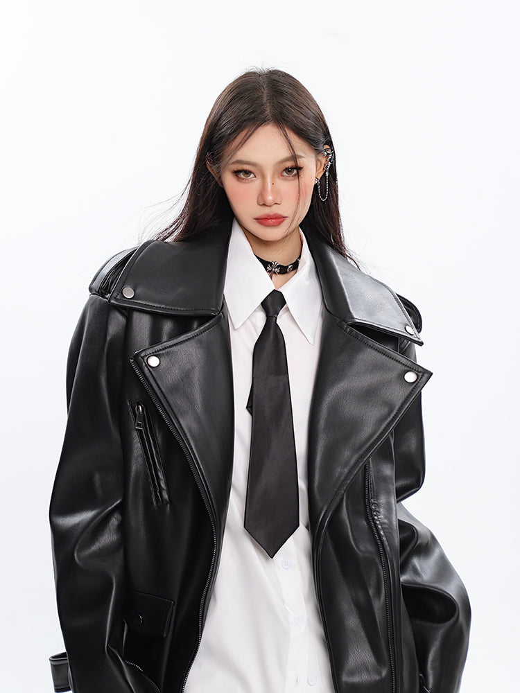 Elaine Black Street Vintage PU Leather Long Sleeve Zip Up Motorcycle Jacket