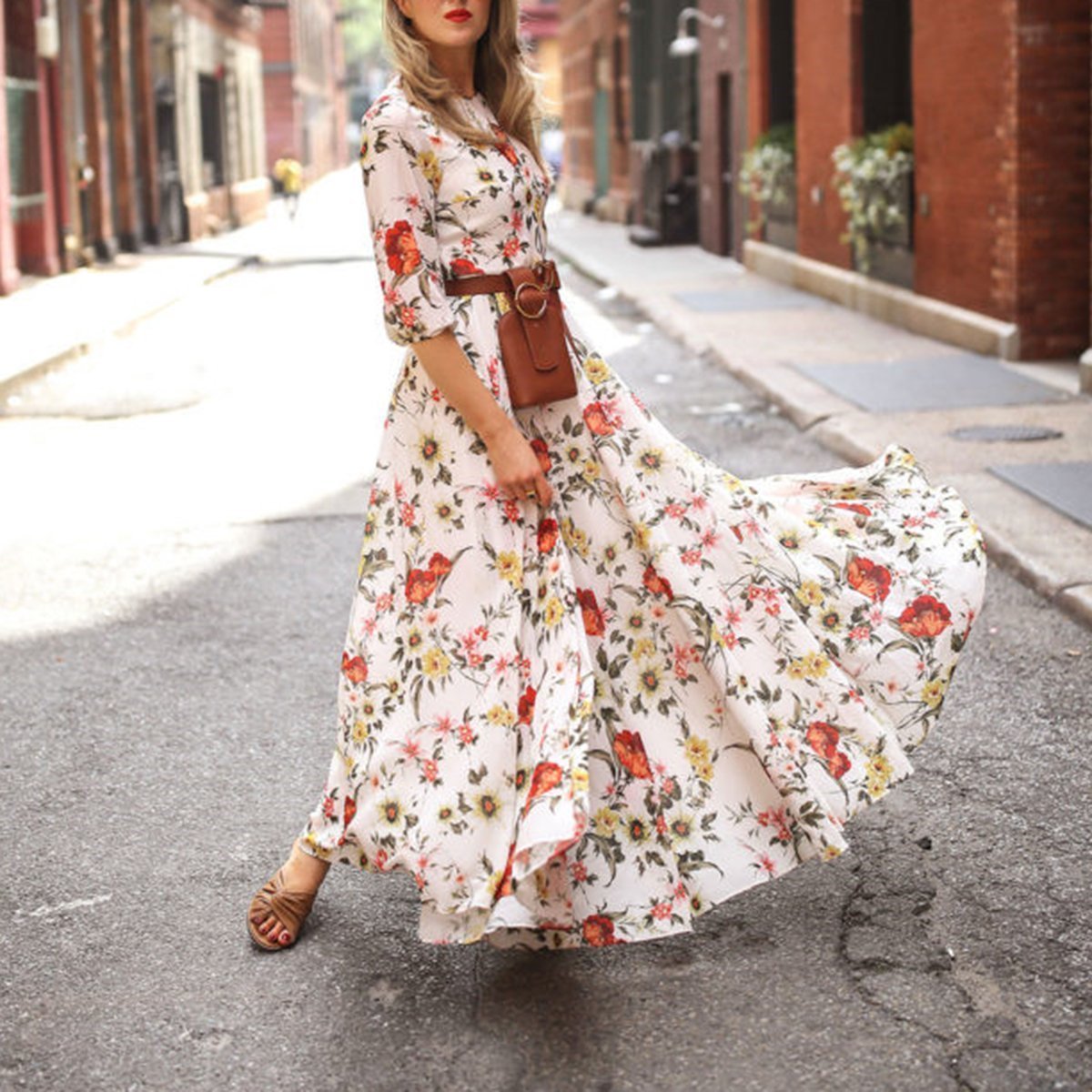 Stylish Elegant Floral Print Half Sleeve Maxi Dresses