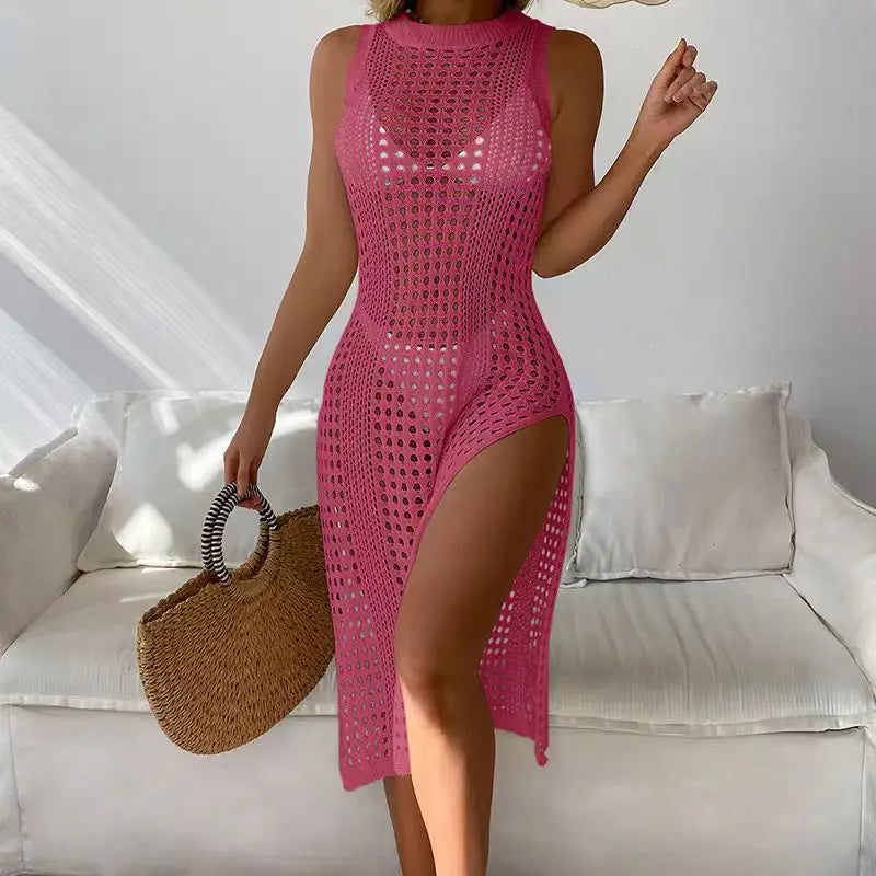 Women Summer Sexy Hollow Out Knitted Beach Cover Up Double Side Slits Dress Femme Beachwear Round Neck Sleeveless Clothes