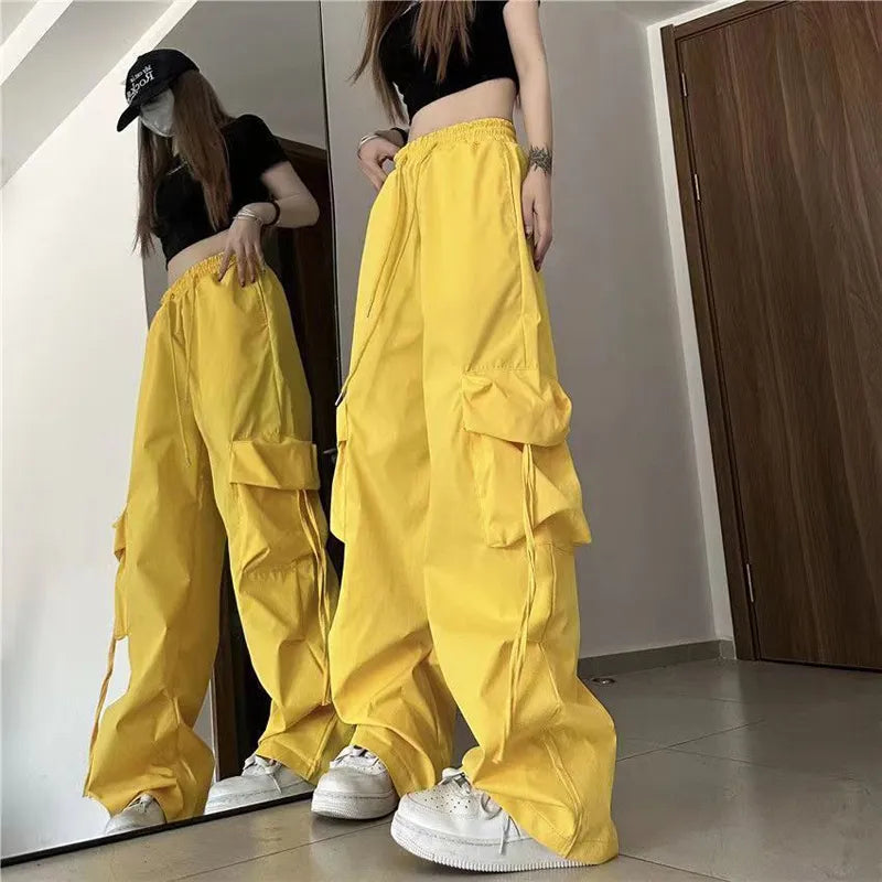 Women Y2K Cargo Pants High Waist Streetwear Hip Hop Trousers Female Big Pockets Casual Low Waist Drawstring Baggy Sweatpants