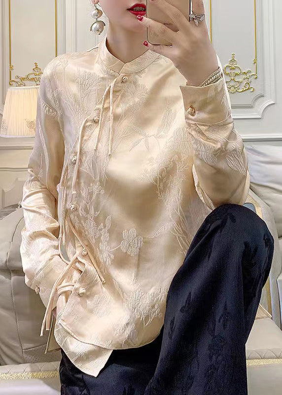 Apricot Button Silk Blouse Stand Collar Long Sleeve AH428