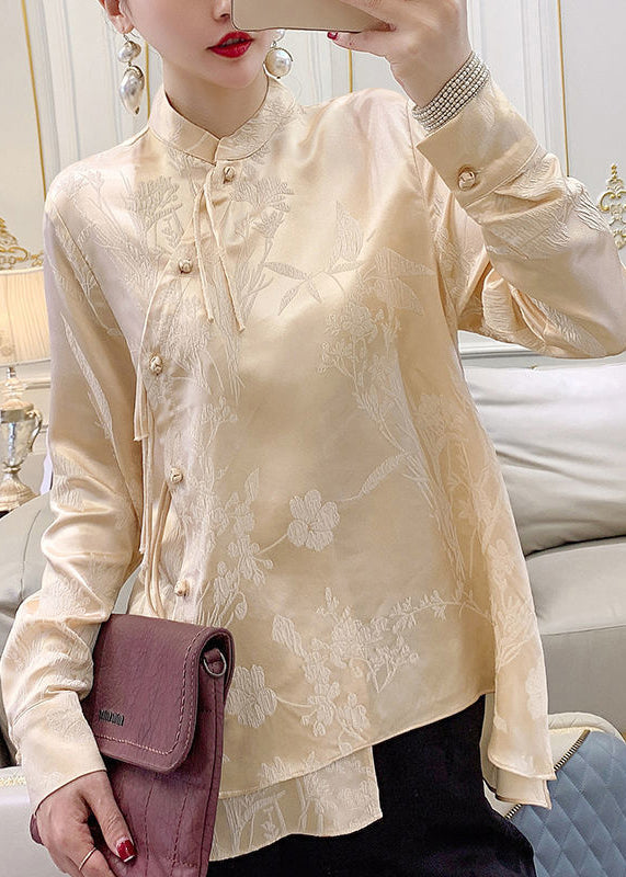 Apricot Button Silk Blouse Stand Collar Long Sleeve AH428